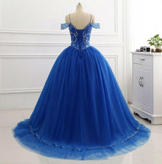 Elegant Off Shoulder Tulle Royal Blue Beaded Sweetheart Corset Ball Gown Corset Prom Dresses outfit, Plu Size Wedding Dress