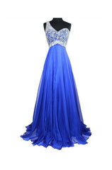 A Line Royal Blue Chiffon One Shoulder Beaded Corset Prom Dresses outfit, Bridesmaid Dresses Online