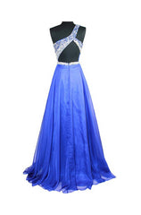 A Line Royal Blue Chiffon One Shoulder Beaded Corset Prom Dresses outfit, Bridesmaid Dresses Fall