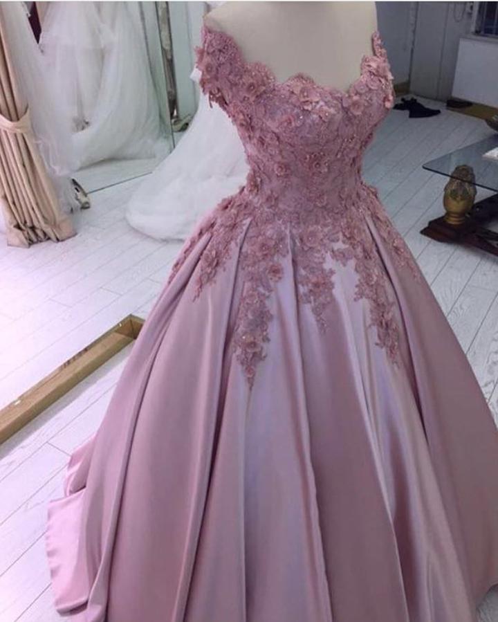 Charming Satin Off Shoulder Flowers Dusty Rose Corset Ball Dresses outfit, Bridesmaid Dresses Long