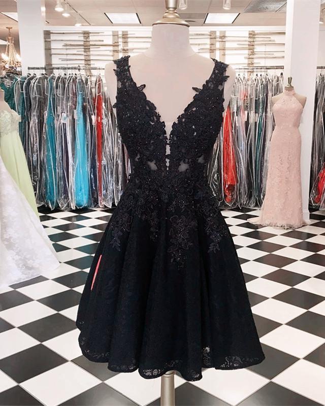 Black A Line Knee Length V Neck Lace Short Corset Prom Dresses outfit, Bridesmaid Dresses 2044