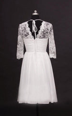 2024 A Line V Neck Long Sleeves Chiffon Knee Length Short Lace Corset Wedding Dresses outfit, Wedding Dress With Sleeves