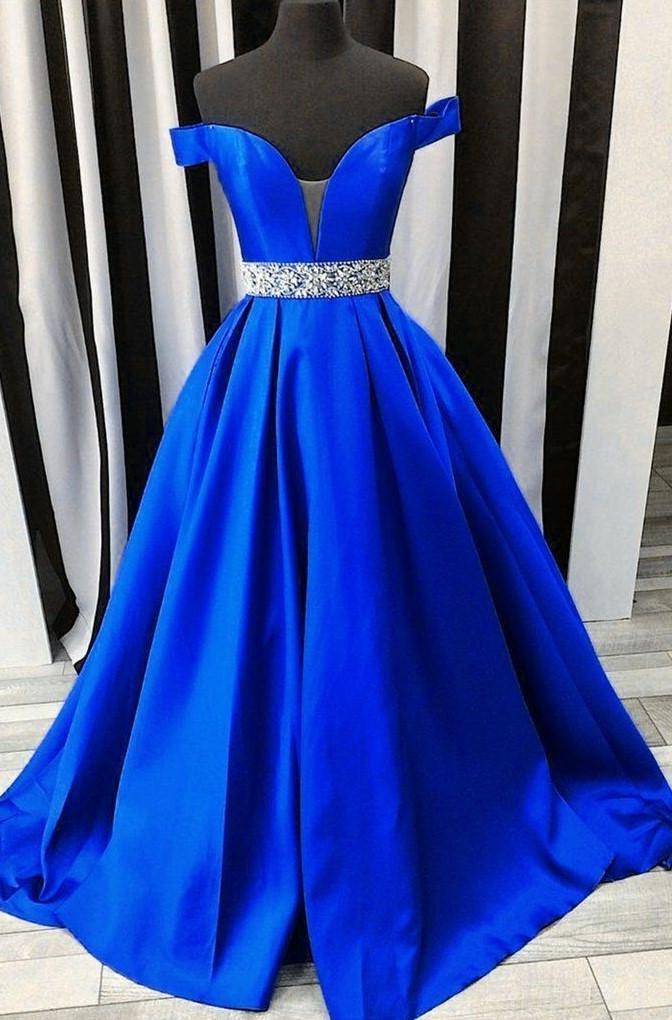 2024 New Arrival A Line Satin Royal Blue Sweetheart Off Shoulder Beaded Long Corset Prom Dresses outfit, Bridesmaid Dresses Wedding