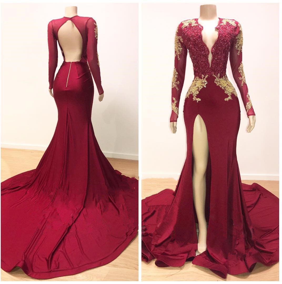 2024 Sexy Sheath Long Sleeves Burgundy and Gold Appliques Side Slit Deep V Neck African American Backless Corset Prom Dresses outfit, Bridesmaids Dresses Fall Colors
