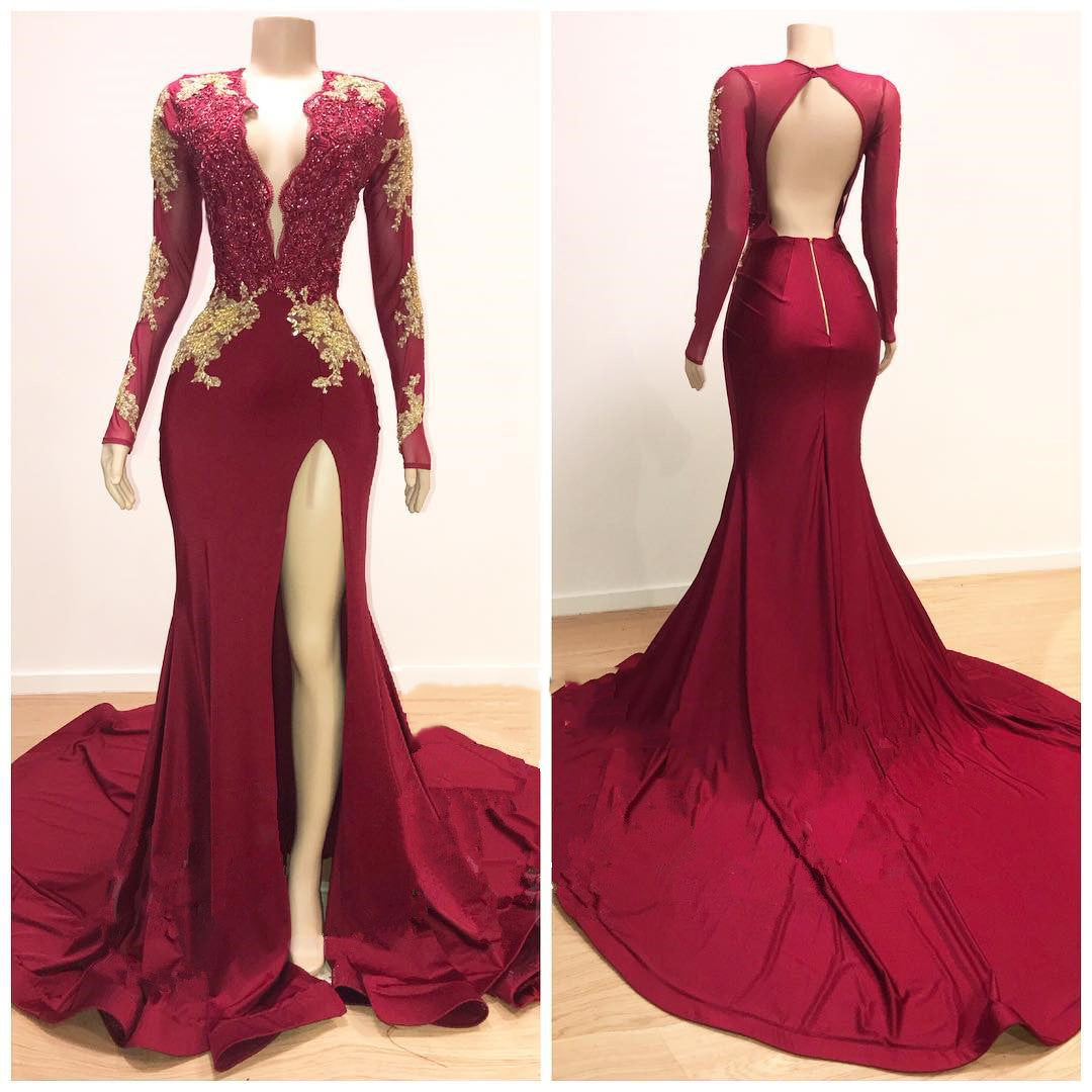 2024 Sheath Long Sleeves Burgundy and Gold Appliques Side Slit Deep V Neck African American Backless Corset Prom Dresses outfit, Formal Dress Long Gown