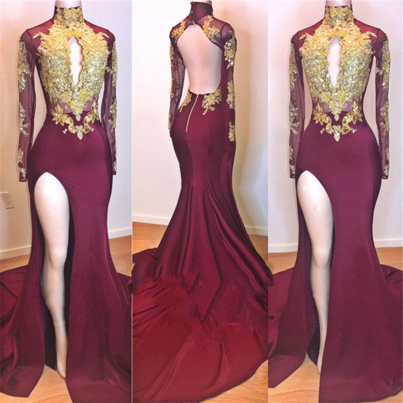 2024 Amazing Burgundy and Gold Appliques Long Sleeves High Neck Side Slit African American Corset Prom Dresses outfit, Wedding Shoes Bride