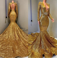 2024 Sexy Mermaid Gold V Neck Backless Long Sleeves Sequence African American Corset Prom Dresses outfit, Bridesmaid Dressing Gown