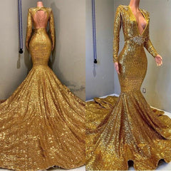 2024 Sexy Mermaid Gold V Neck Backless Long Sleeves Sequence African American Corset Prom Dresses outfit, Spring Wedding Color