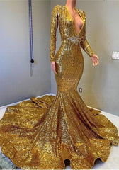 2024 Sexy Mermaid Gold V Neck Backless Long Sleeves Sequence African American Corset Prom Dresses outfit, Bridesmaid Dress Gown