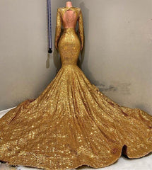 2024 Sexy Mermaid Gold V Neck Backless Long Sleeves Sequence African American Corset Prom Dresses outfit, Bridesmaid Dressing Gowns