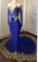 2024 Sexy Mermaid Royal Blue And Gold Appliques Long Sleeves V Neck Off Shoulder Corset Prom Dress outfits, Bridesmaids Dresses Summer Wedding