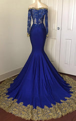 2024 Sexy Mermaid Royal Blue And Gold Appliques Long Sleeves V Neck Off Shoulder Corset Prom Dress outfits, Bridesmaid Dresses Winter