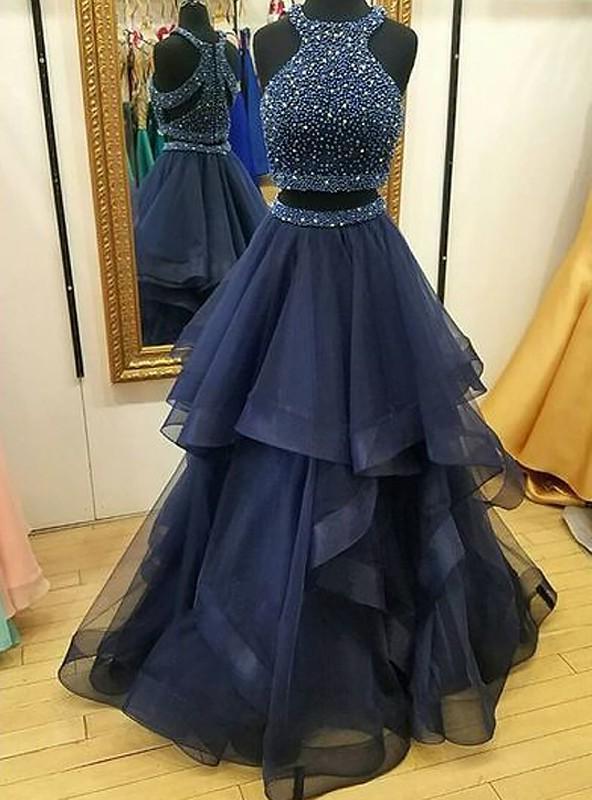 2024 A Line Ruffles Tulle Navy Blue High Neck Two Pieces Corset Prom Dress outfits, Bridesmaid Dresses Formal