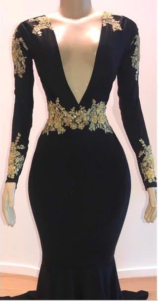 2024 Black Mermaid/Trumpet Long Sleeve V Neck Applique Elastic Satin Corset Prom Dresses outfit, Gold Dress