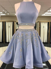 2024 A-Line/Princess Jewel Neck Sleeveless Cut Out Back Beading Two Piece Cut Short/Mini Corset Homecoming Dresses outfit, Light Blue Prom Dress
