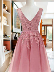 V Neck Sleeveless Applique Tulle Beading Corset Homecoming Dresses outfit, Bridesmaids Dress Peach