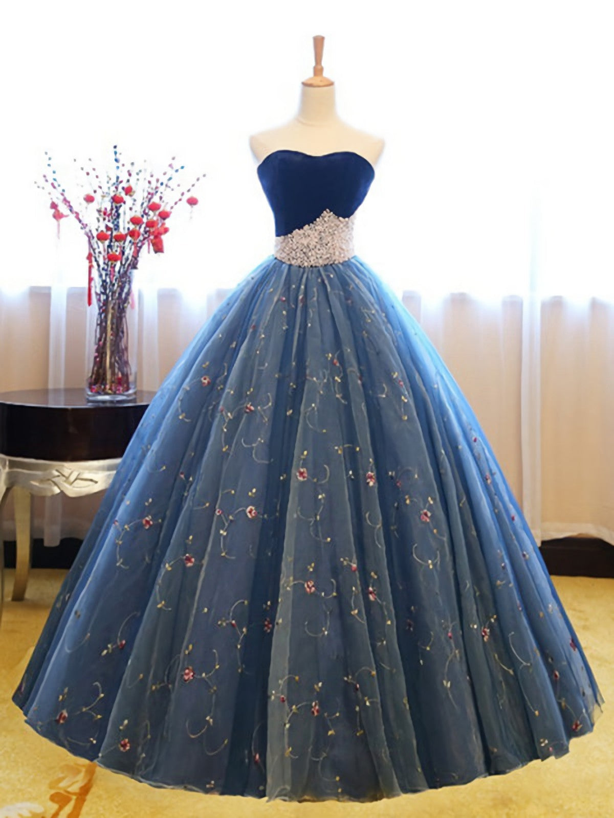 Strapless Sweetheart Blue Tulle Embroidery Flowers Exquisite 2024 Corset Prom Dresses outfit, Formal Dress Elegant