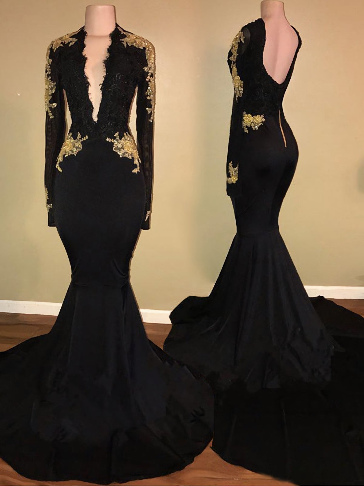 Deep V Neck Backless Long Sleeve Satin Black Mermaid Appliques 2024 Corset Prom Dresses outfit, Formal Dresses And Gowns