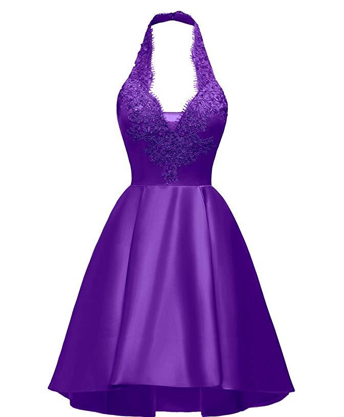 Halter Deep V Neck Satin Appliques Purple Backless Pleated A Line Corset Homecoming Dresses outfit, Pretty Dress