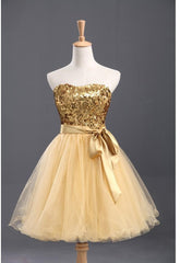 Strapless Sweetheart Backless Light Yellow Sequins Bow Knot A Line Corset Homecoming Dresses outfit, Vintage Prom Dress