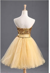 Strapless Sweetheart Backless Light Yellow Sequins Bow Knot A Line Corset Homecoming Dresses outfit, Prom Theme