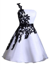 A Line One Shoulder Lace Up White Satin Appliques Flowers Corset Homecoming Dresses outfit, Blue Dress