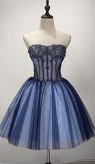 Strapless Appliques Tulle Beaded Pleated Dark Blue Cute Elegant Corset Homecoming Dresses outfit, Party Dresses Express