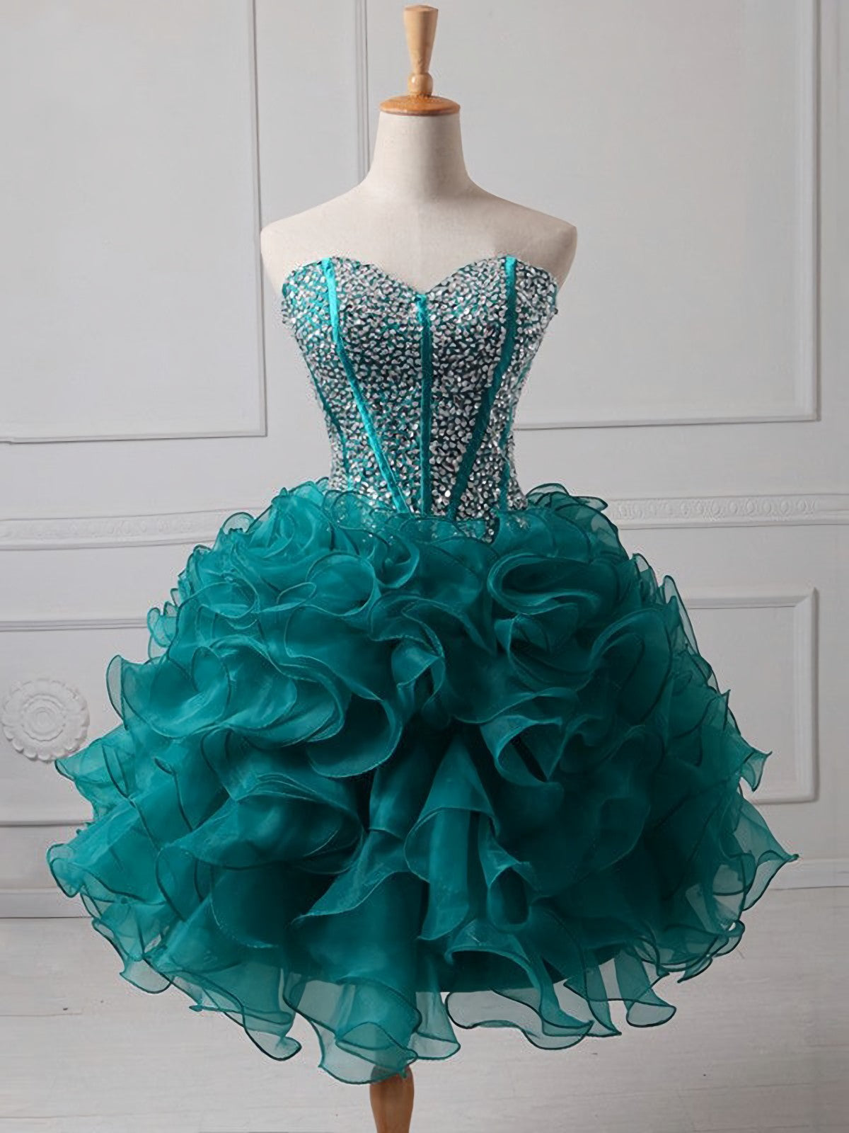 Ruffles Strapless Sweetheart Backless Rhinestone Organza Teal Corset Homecoming Dresses outfit, Formal Dress Black