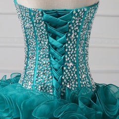 Ruffles Strapless Sweetheart Backless Rhinestone Organza Teal Corset Homecoming Dresses outfit, Formal Dresses On Sale