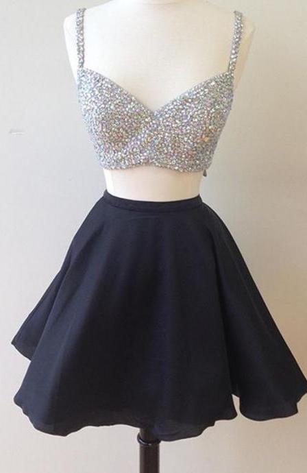 V Neck Two Pieces Sleeveless Rhinestone Sparkle A Line Pleated Chiffon Corset Homecoming Dresses outfit, Fancy Dress