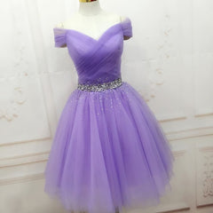 Off The Shoulder V Neck Lilac Rhinestone A Line Tulle Pleated Ruched Corset Homecoming Dresses outfit, Prom Dresses 2028 Short