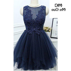 Jewel Sleeveless Appliques Beading A Line Tulle Sheer Pleated Dark Navy Corset Homecoming Dresses outfit, Evening Dress Elegant