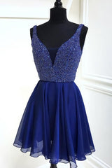 Chiffon A Line Royal Blue Deep V Neck Appliques Sparkle Sleeveless Corset Homecoming Dresses outfit, Formal Dress On Sale