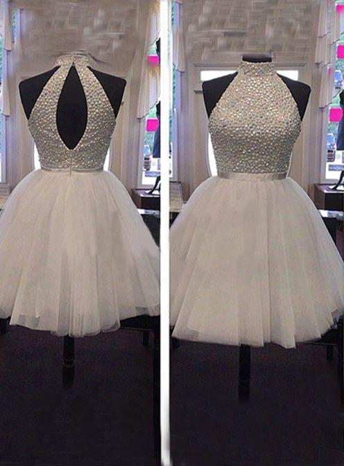 Tulle Sleeveless Halter Backless Cut Out Pleated A Line White Beading Corset Homecoming Dresses outfit, Green Dress