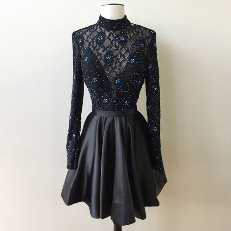 Lace A Line Beading Satin Pleated Black Long Sleeve High Neck Short Corset Homecoming Dresses outfit, Mother Of The Bride Dress