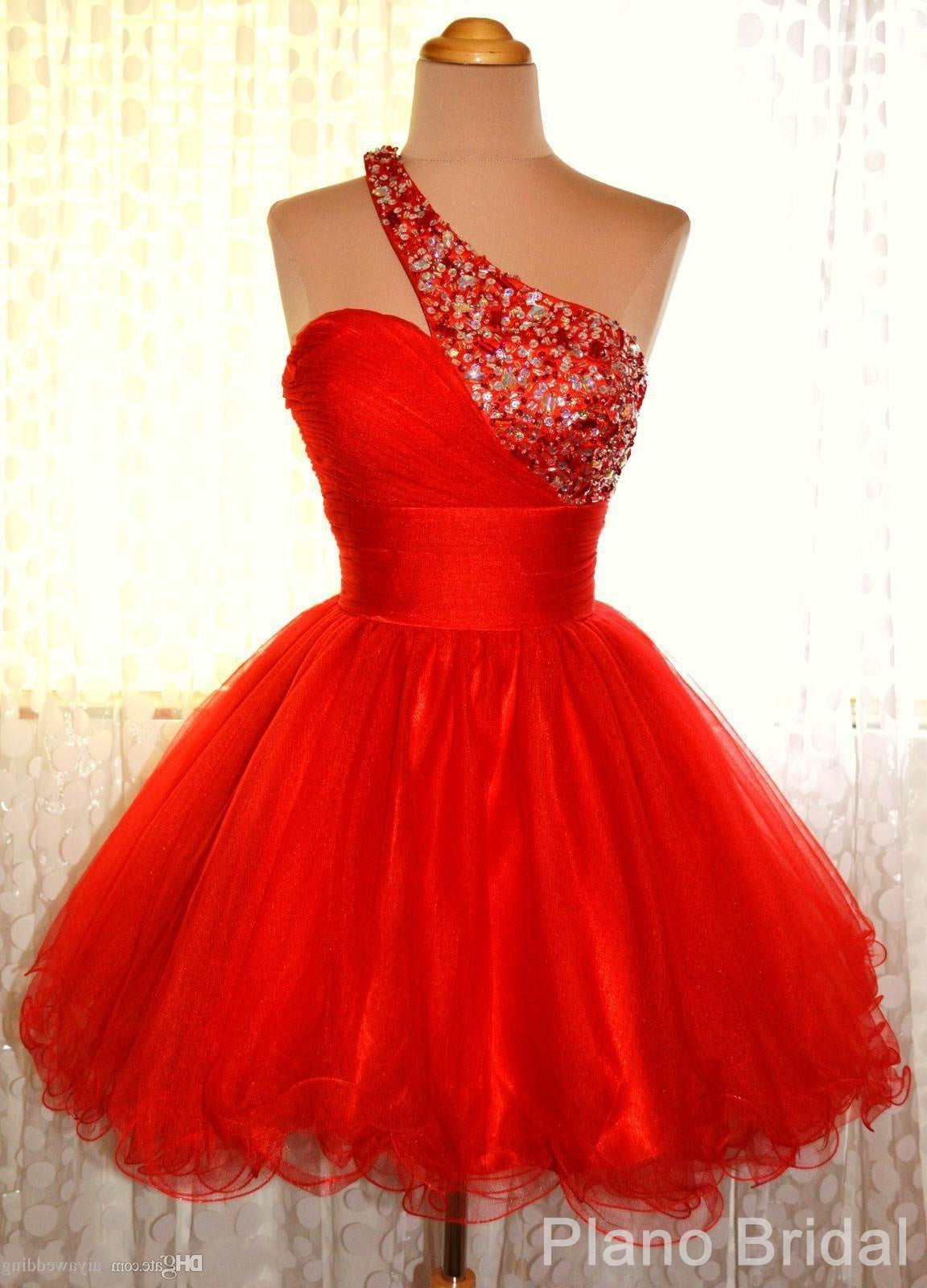One Shoulder Red Sleeveless A Line Organza Pleated Rhinestone Corset Homecoming Dresses outfit, Prom Dress For Kids