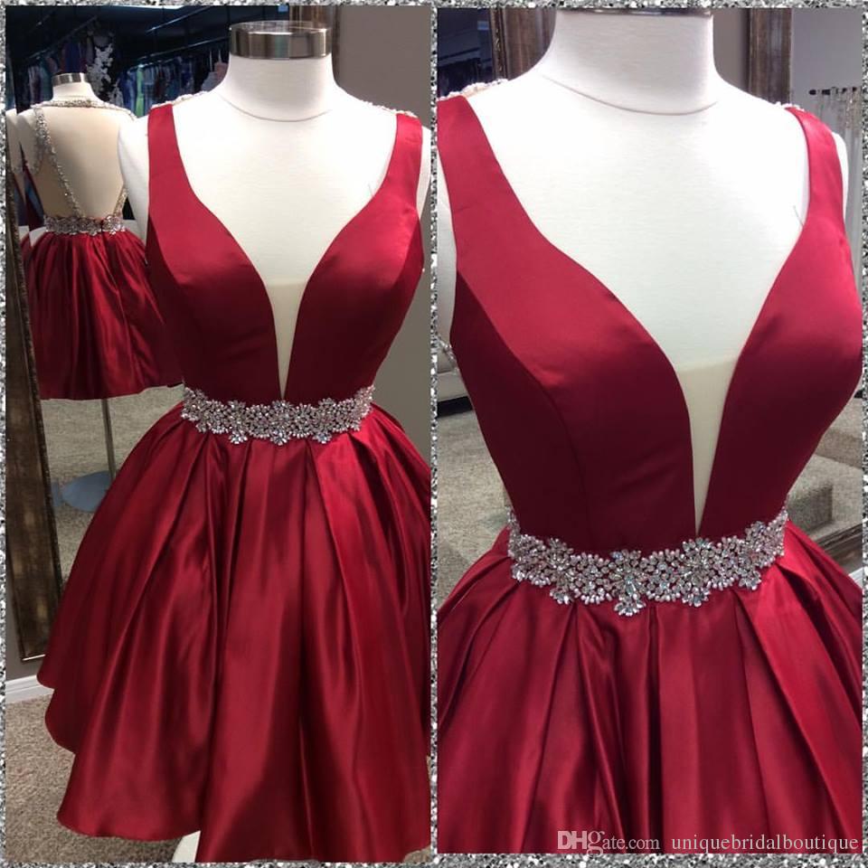 Deep V Neck Sleeveless Burgundy Pleated Satin Backless Corset Homecoming Dresses outfit, Party Dress Express
