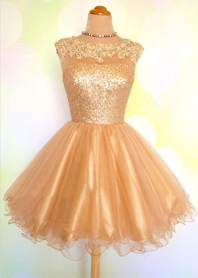 Cap Sleeve Jewel Appliques Sequins Sheer A Line Gold Organza Backless Corset Homecoming Dresses outfit, Reception Dress