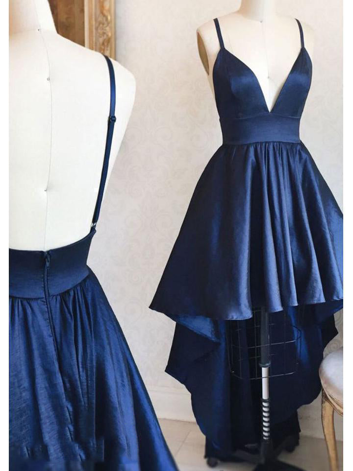 High Low Navy Blue Deep V Neck Spaghetti Straps Backless A Line Satin Corset Homecoming Dresses outfit, Country Wedding