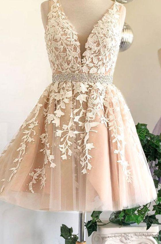 Deep V Neck Ivory Sleeveless A Line Tulle Lace Appliques Pleated Corset Homecoming Dresses outfit, Wedding Guest Outfit