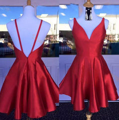 Deep V Neck Red Straps Backless Sleeveless A Line Satin Pleated Corset Homecoming Dresses outfit, Gold Prom Dress