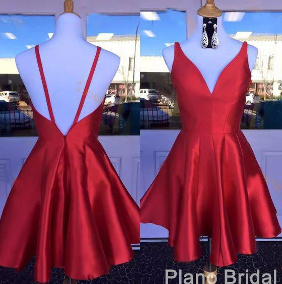 Deep V Neck Red Straps Backless Sleeveless A Line Satin Pleated Corset Homecoming Dresses outfit, Maxi Dress