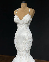 2024 Sexy Mermaid/Trumpet Spaghetti Straps Sweetheart Satin Applique Corset Wedding Dresses outfit, Wedding Dress Online
