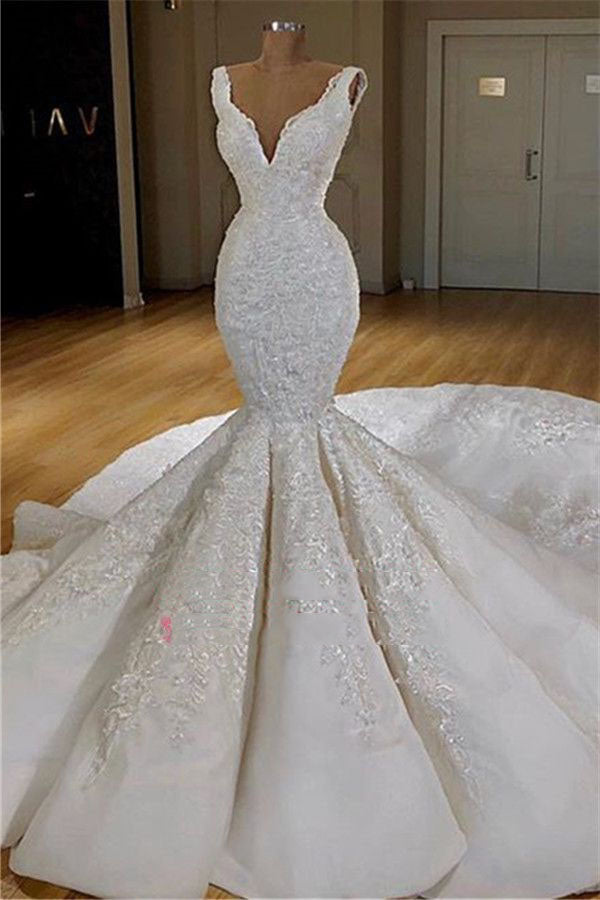 Sexy Mermaid V Neck Long Train Satin Lace Corset Wedding Dresses outfit, Wedding Dresses For Bridesmaids