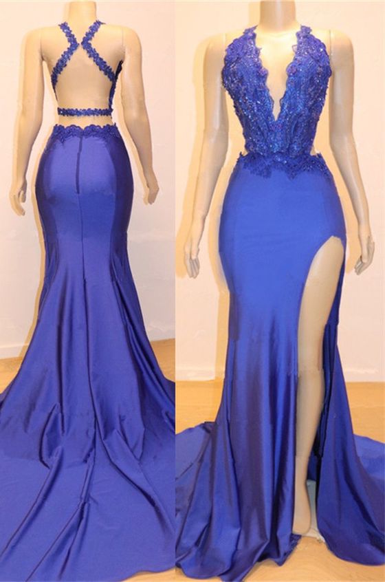 Amazing Sheath Side Slit Royal Blue V Neck Backless Lace Corset Prom Dresses 2024 outfit, Bridal Shoes