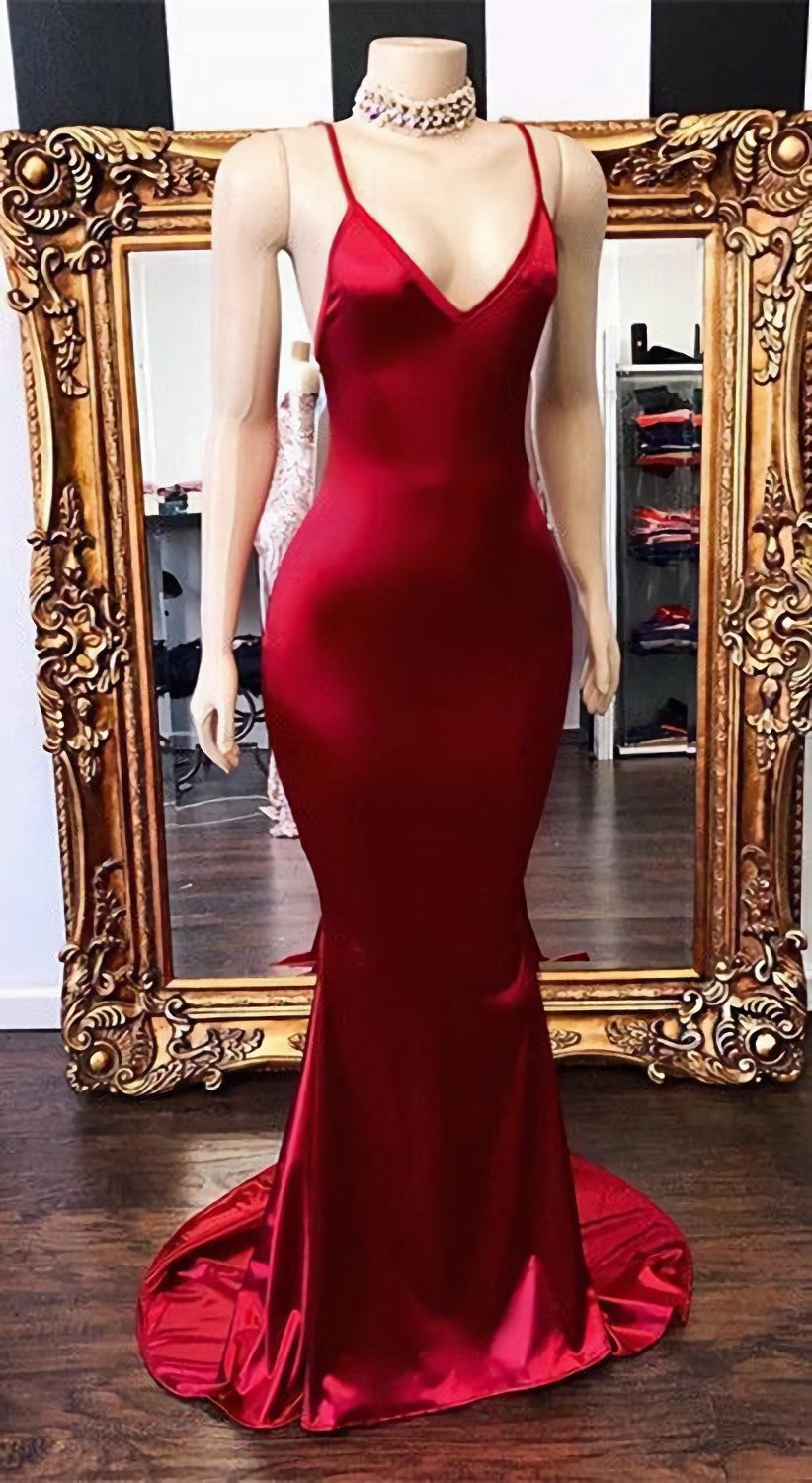 2024 New Arrival Red Mermaid V Neck Backless Elastic Satin Corset Prom Dresses outfit, Formal Dress Stores Near Me