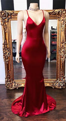 2024 New Arrival Red Mermaid V Neck Backless Elastic Satin Corset Prom Dresses outfit, Formal Dress Stores Near Me