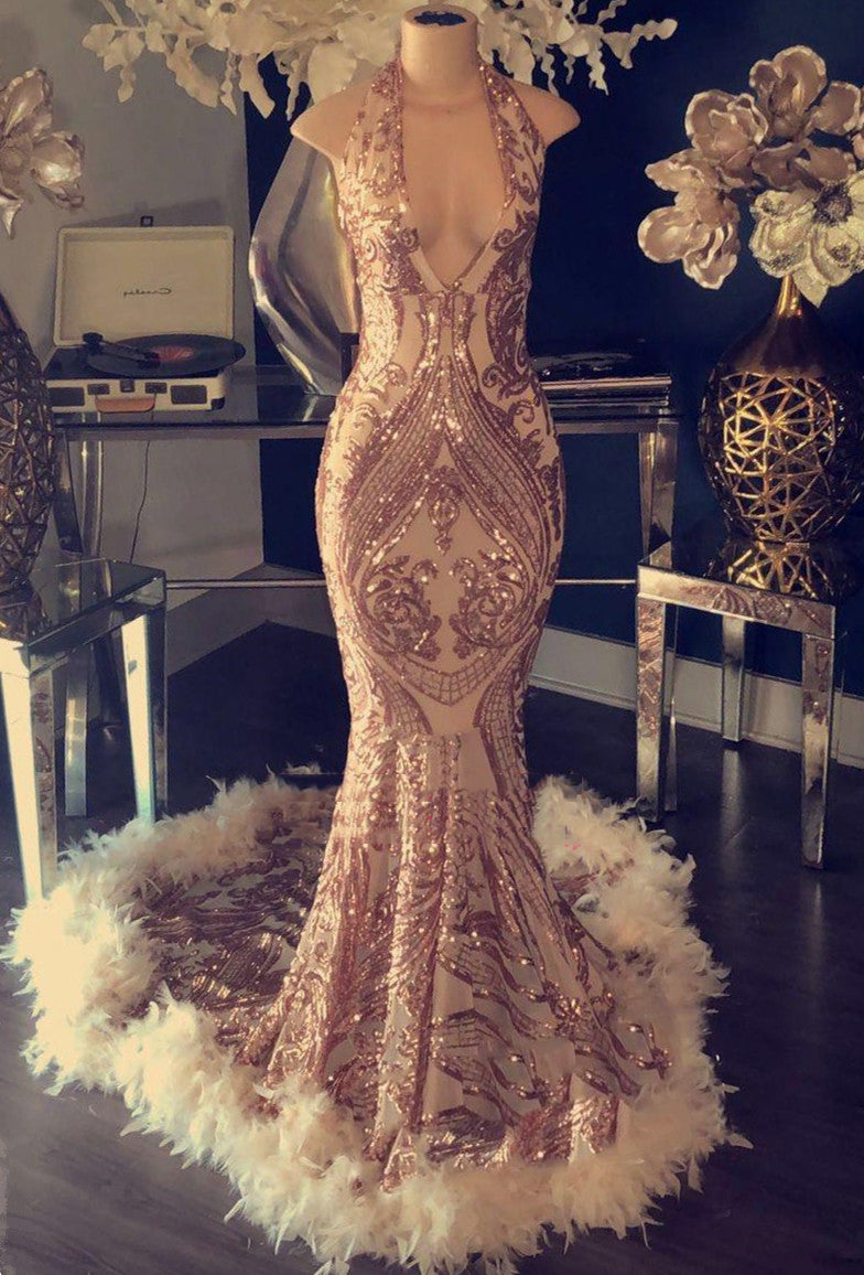 2024 Sexy Gold Sequence V Neck Halter Backless Feathers Corset Prom Dresses outfit, Bridesmaid Dress Mauve