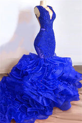 2024 Royal Blue Mermaid V Neck Organza Layered Lace Long Corset Prom Dresses outfit, Black Tie Wedding