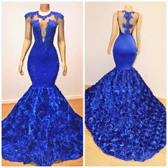 2024 Mermaid Royal Blue Open Front Rose Lace Corset Prom Dresses outfit, Formal Dress Long